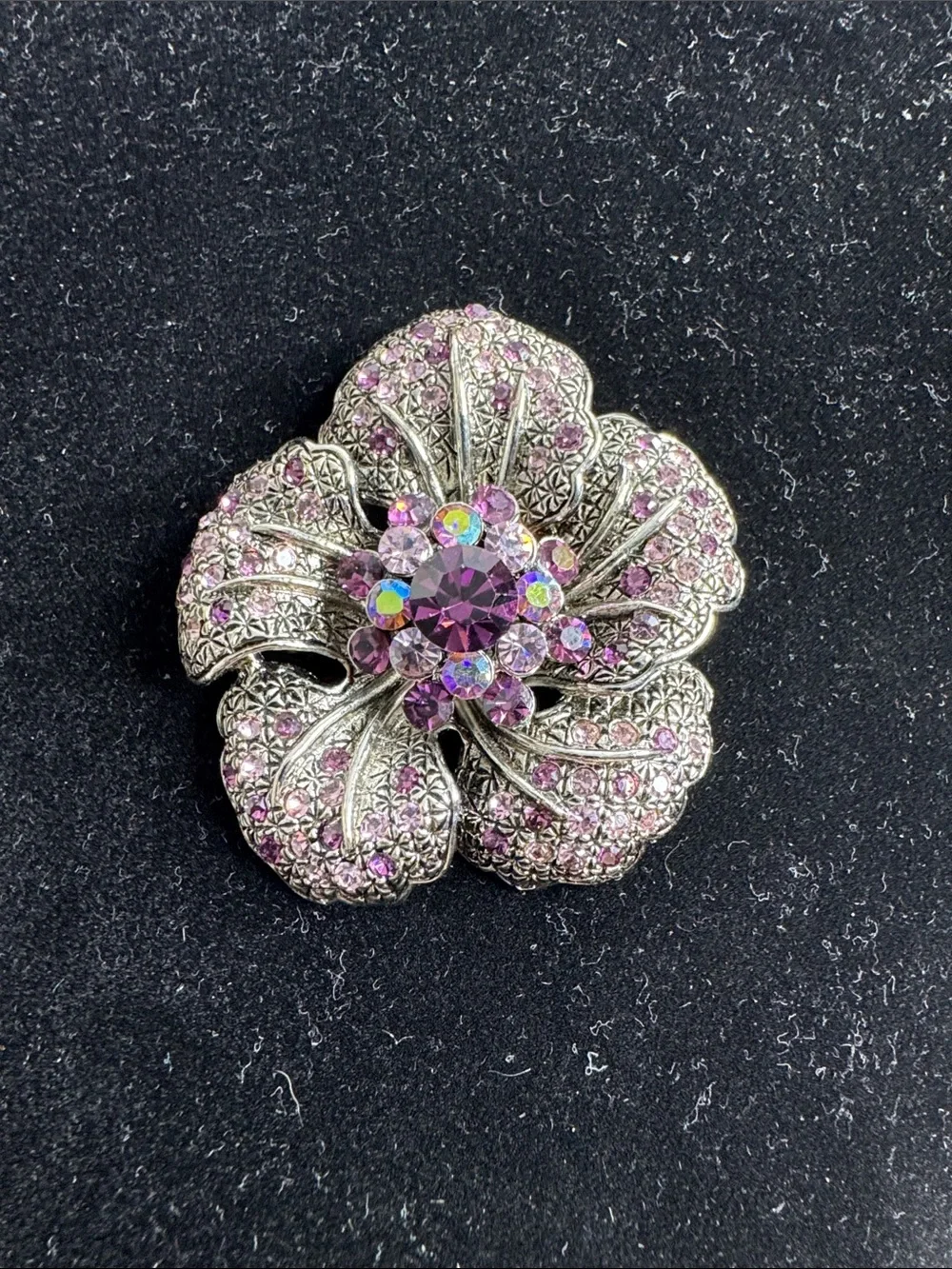 Purple Rhinestone Crystal Flower Brooch Silver Tone Statement Pin